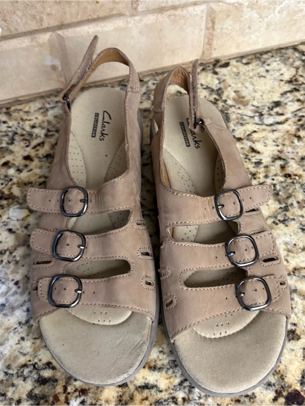 Clarks Taupe Leather Multi-Strap Slingback Sandals